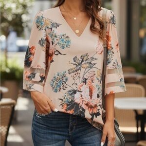 NEW•XL-2X•Soul Sunrise Meet Me In Hawaii Unique Peachy Floral Top